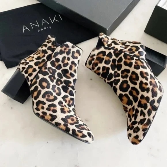 Anaki Paris Jimmy Calf Hair Leopard Print Fur Side Zip Fur Ankle Boots Size 38 - Picture 3 of 14